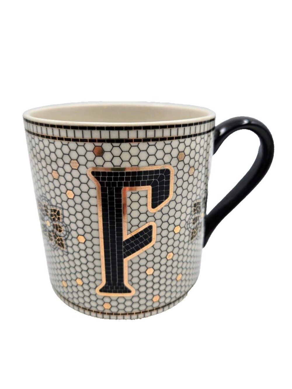 Anthropologie Black White Gold Bistro Tile Monogram “F” Ceramic Mug 15oz Read